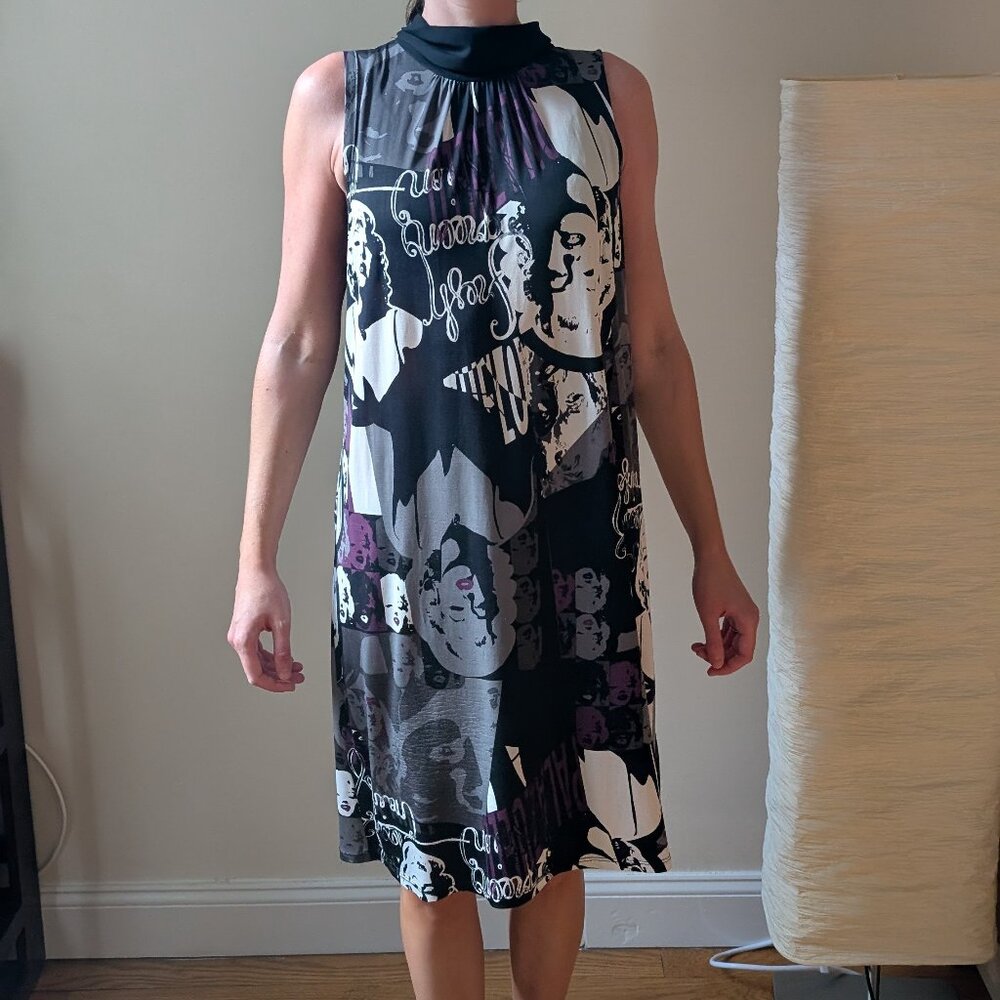 Marilyn Monroe Graphic Print Midi Tie Neck Dress M L Black White Pop Art Stretch - Picture 6 of 11